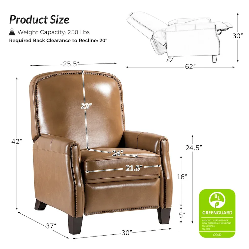 Gladis Modern Retro Genuine Leather Recliner with Nailhead Trim by HULALA HOME