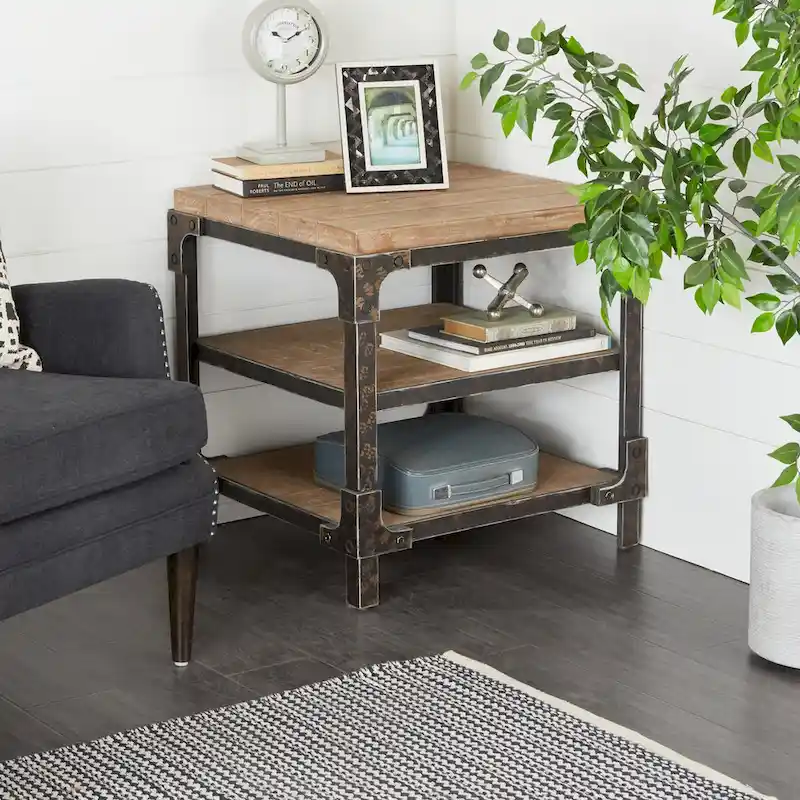 Wood 2 Shelves Side End Accent Table - Brown