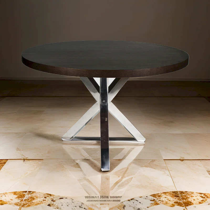 Emi 47 Inch Round Dining Table, X- Cross Brushed Steel, Dark Brown Wood