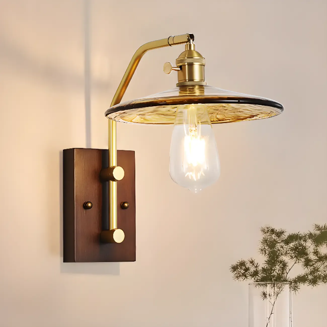 Contemporary Walnut Brass Cone Wall Mounted Light Fixture