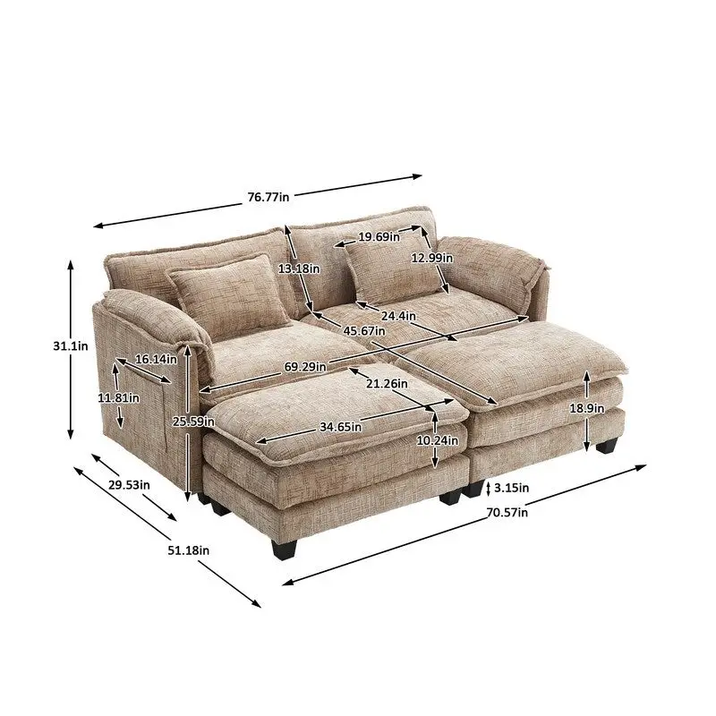 76.77  Chenille Upholstered Sofa with 2 Ottomans