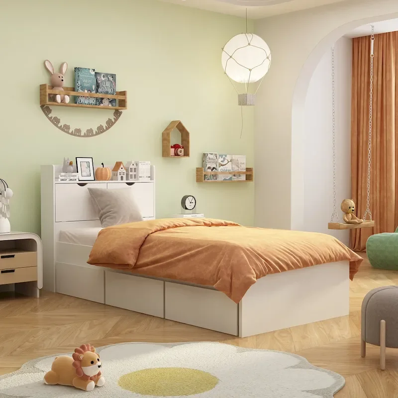 Twin Bed Frame Wood Platform Bed with Storage Drawers and Headboard