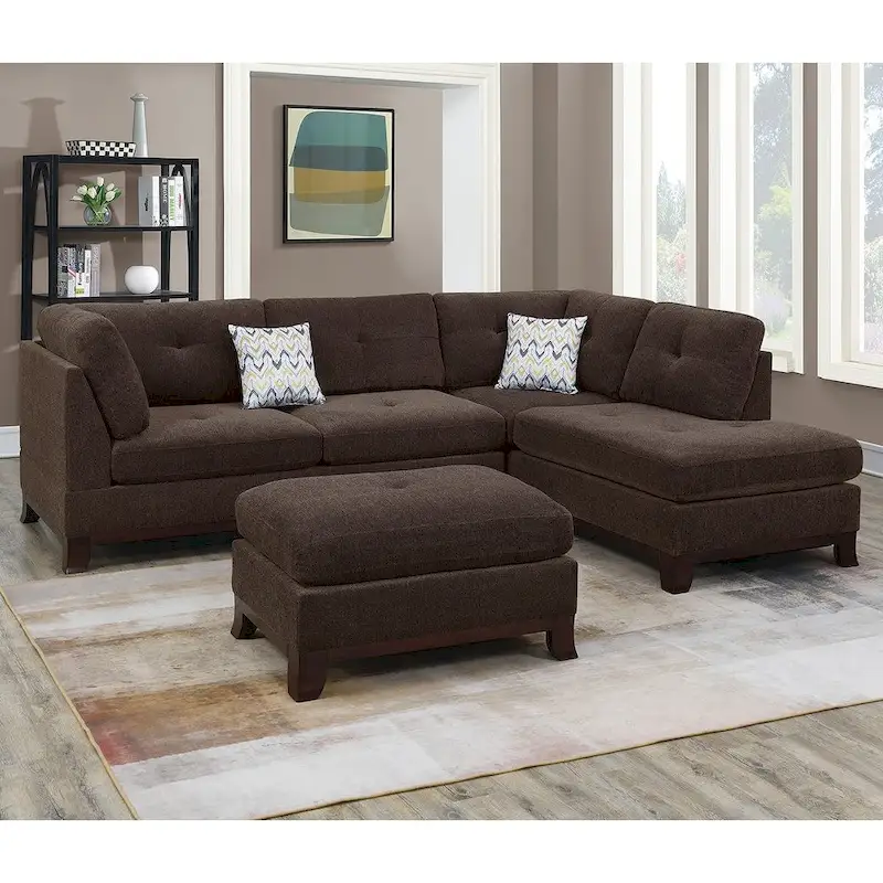 Poundex 3 Piece Fabric Sectional Sofa Set with Ottoman