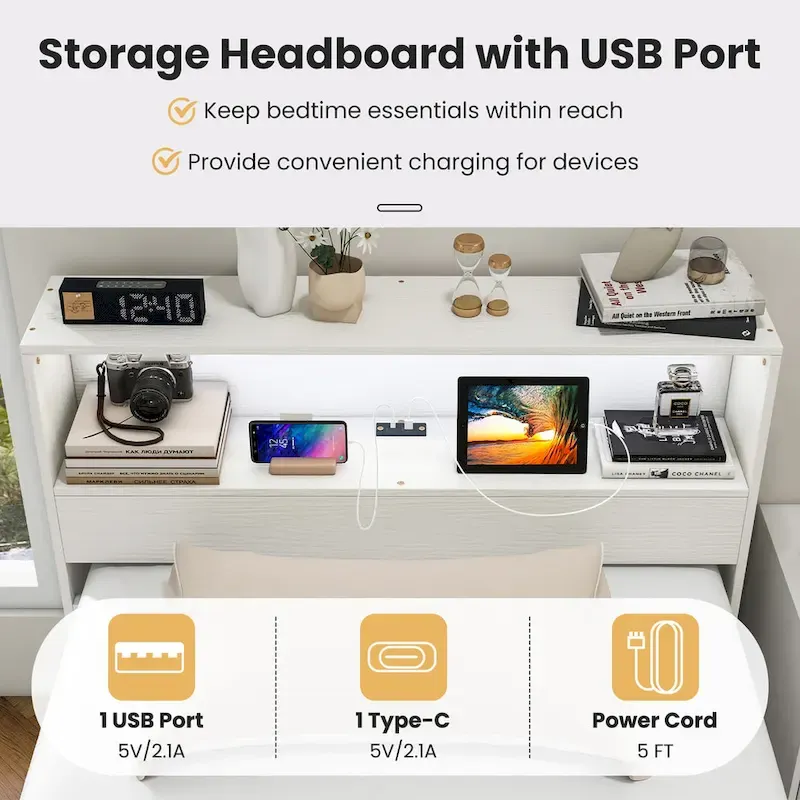 Single Wooden Bed Frame (with Charging Station and LED Lights)