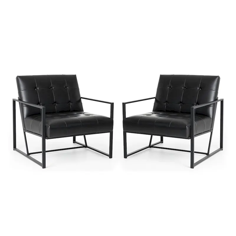Glitzhome Set of 2 29.25W Mid-Century PU Leather Tufted Accent Chairs