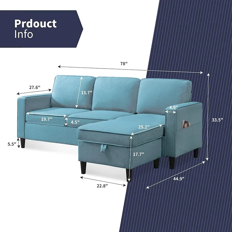 Mixoy 78inch Modern 3-Seat L Shaped Upholstered Sofa with Ottoman