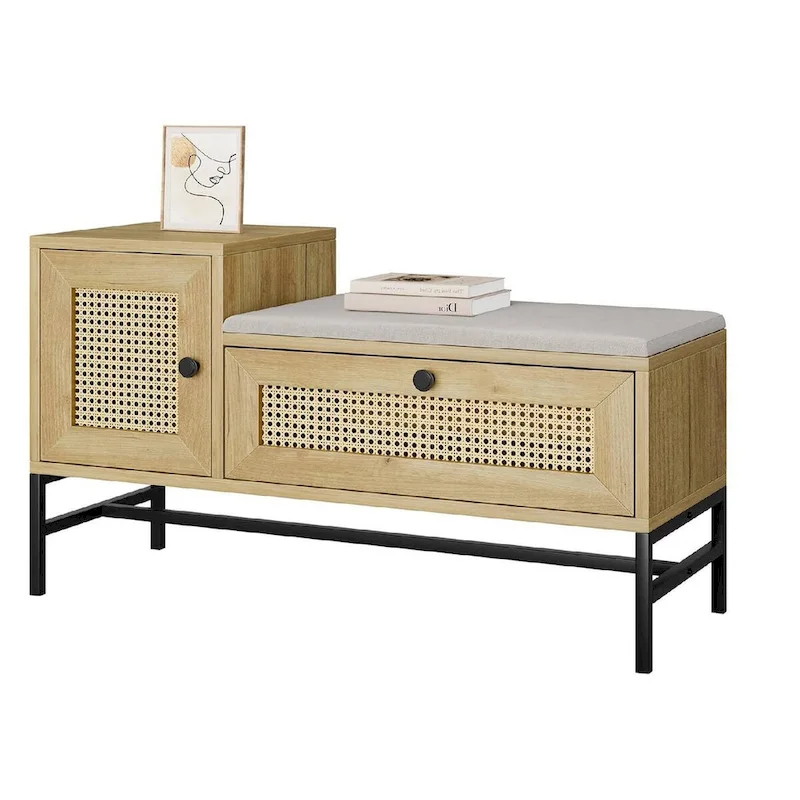 Rattan Shoe Entryway Bench with Linen Seat Cushion