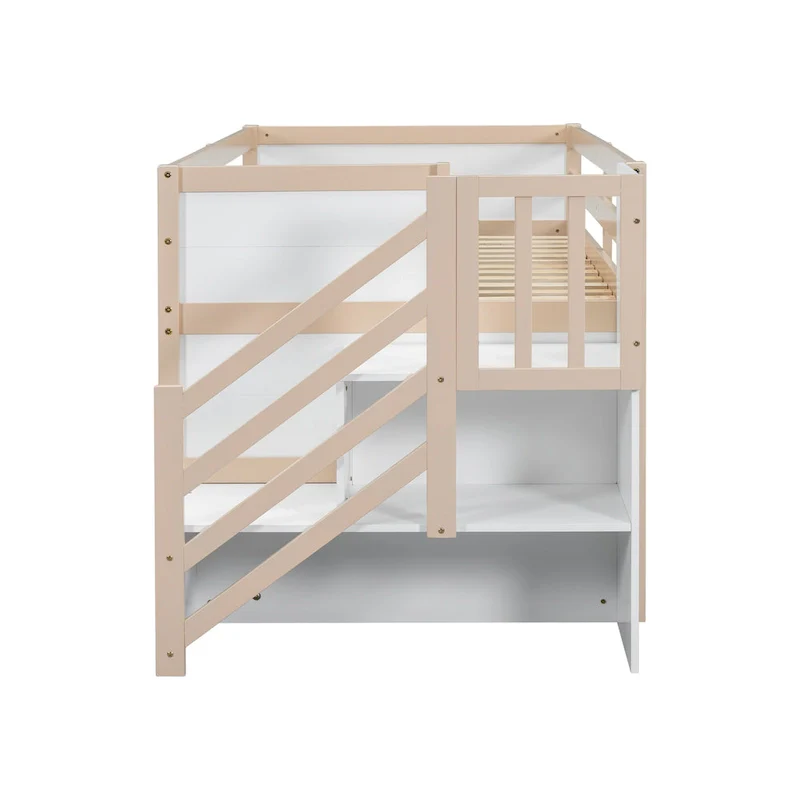 Twin Size Solid Wood Low Loft Bed with Stair, Drawer, and Shelf for Bedroom