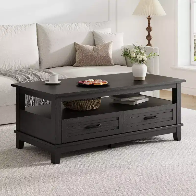 Brown 47-Inch Farmhouse Coffee Table with 2 Drawers and Open Shelf