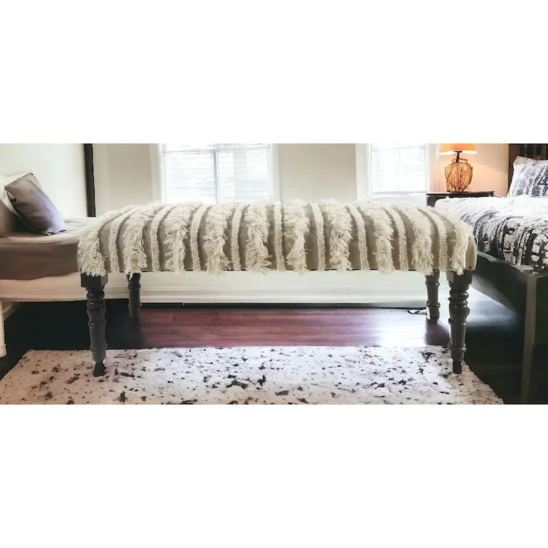 Wood Cream Cotton Upholstered Bedroom Bench Striped Pattern Nailhead Trim - 16 D X 47 W x 18 H