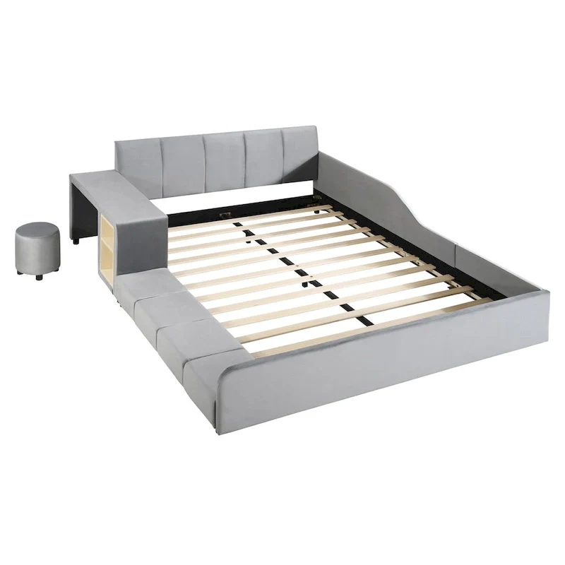 Upholstered Grounded Bed Mother & Child Bed with Bedside Desk and Little Round Stool