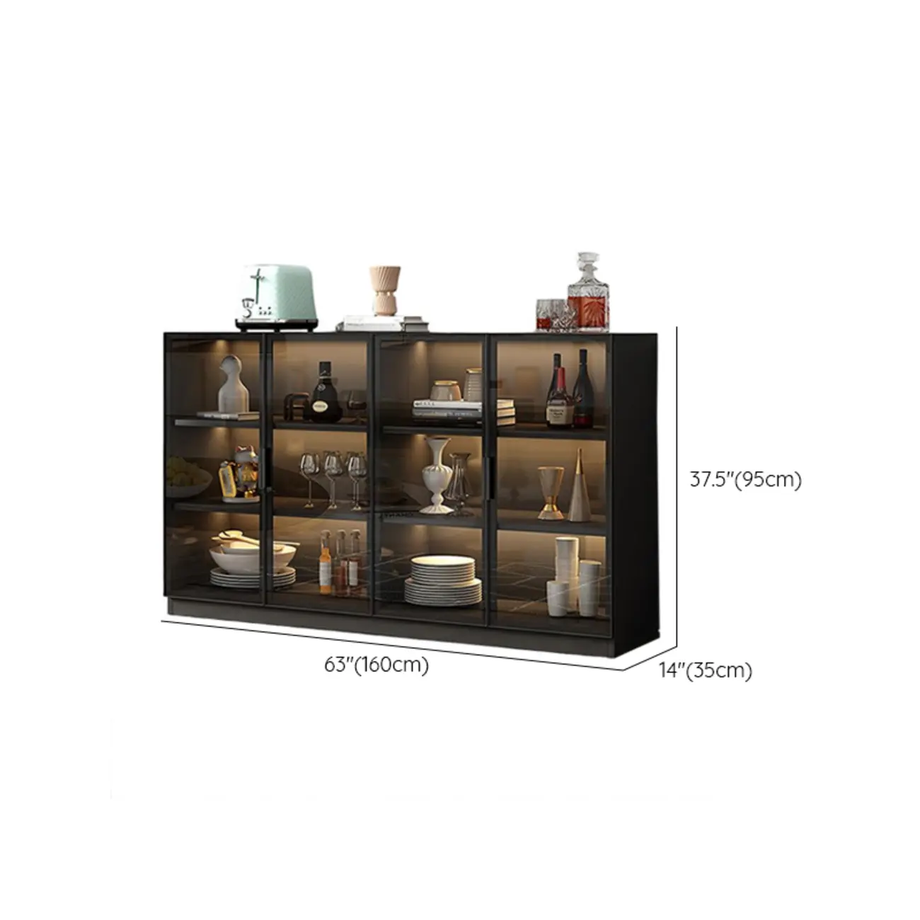 Large 3 Shelves Glass Wood Black Sideboard with LED Light