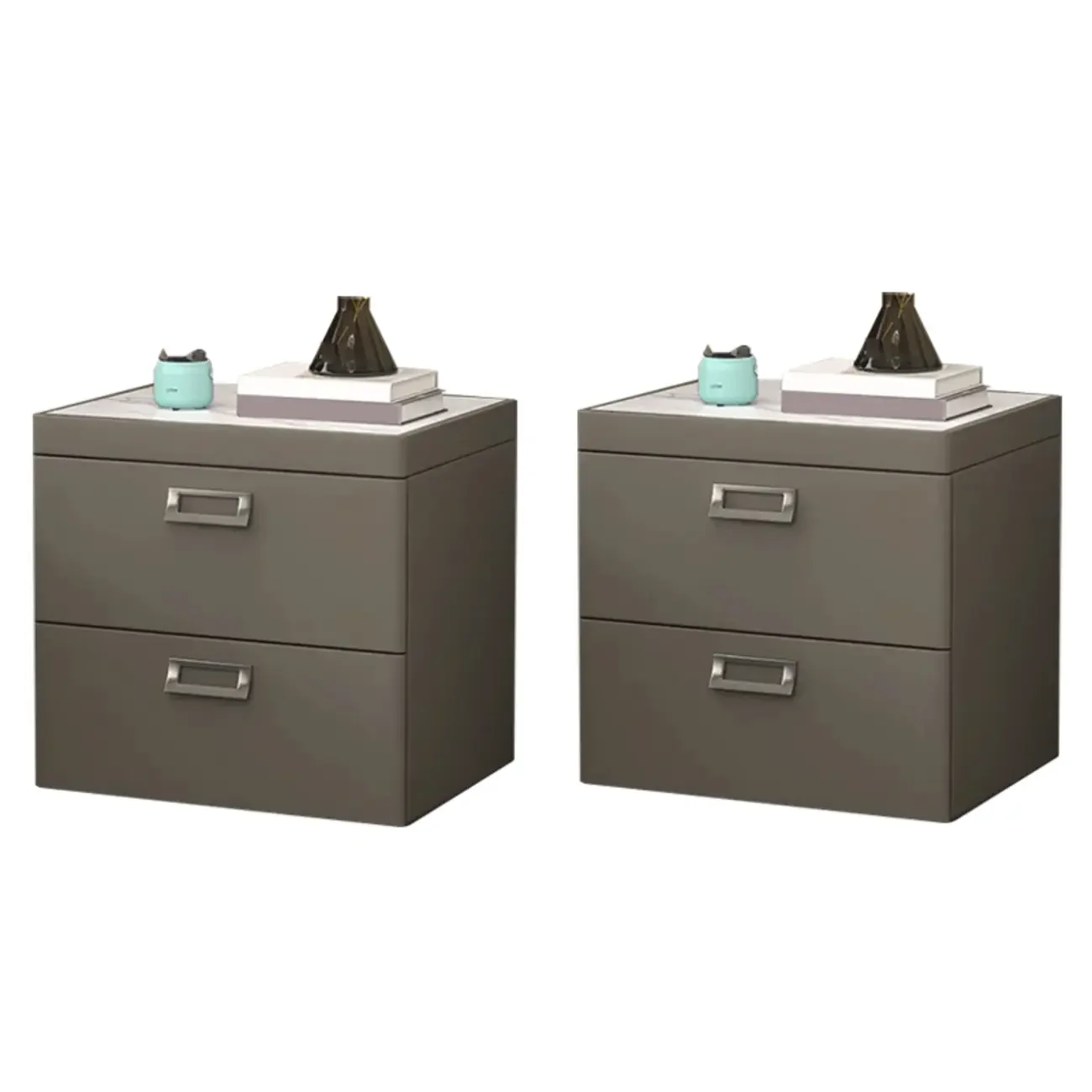 Modern Faux Leather 2 Drawers Nightstand with Stone Top
