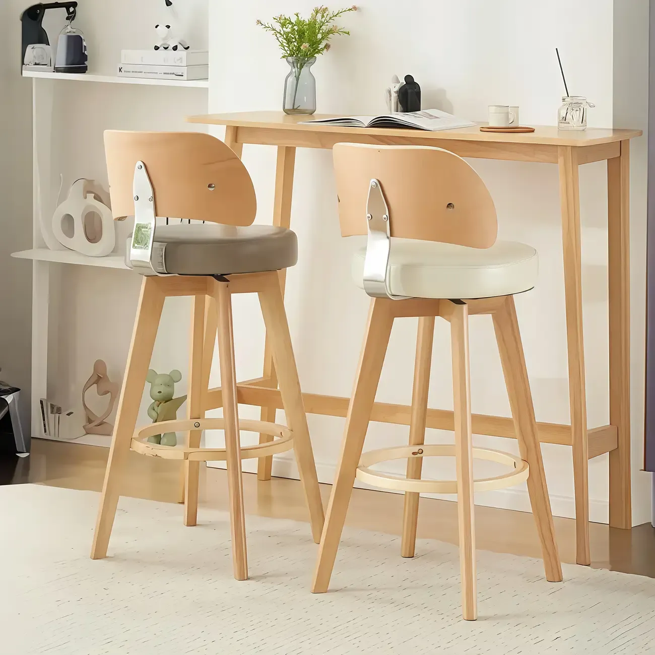 Natural Wood Round Leather Swivel Bar Stools