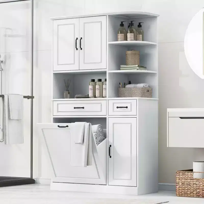 White Tall Storage Cabinet, 2-Door, Flip Drawer, MDF