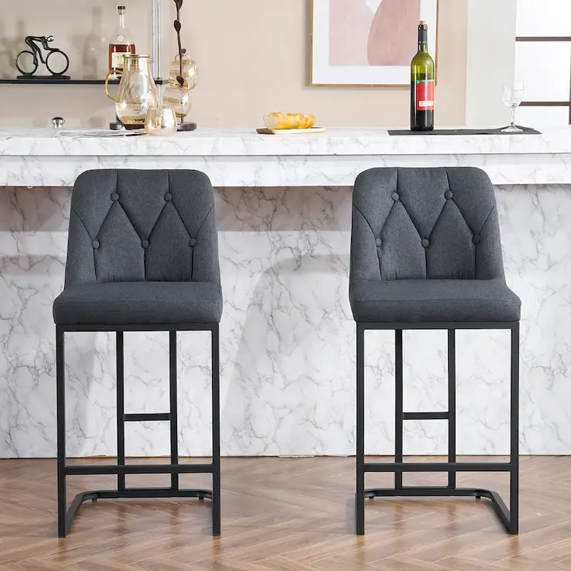 Upholstered Bar Stools Set of 2, Counter Height Bar Stools with Button-Tufted Backrest, Kitchen Island Chairs with Metal Frame