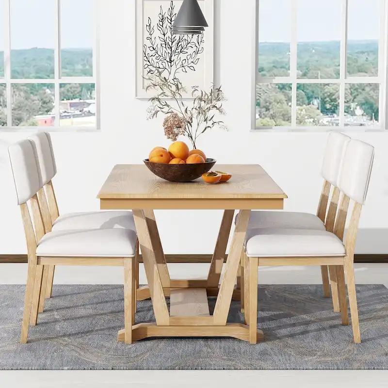 Rustic 5-Piece Dining Set - Solid Wood Table with Trestle Base, 59-inch Rectangular Dining Table and 4 Upholstered Chairs