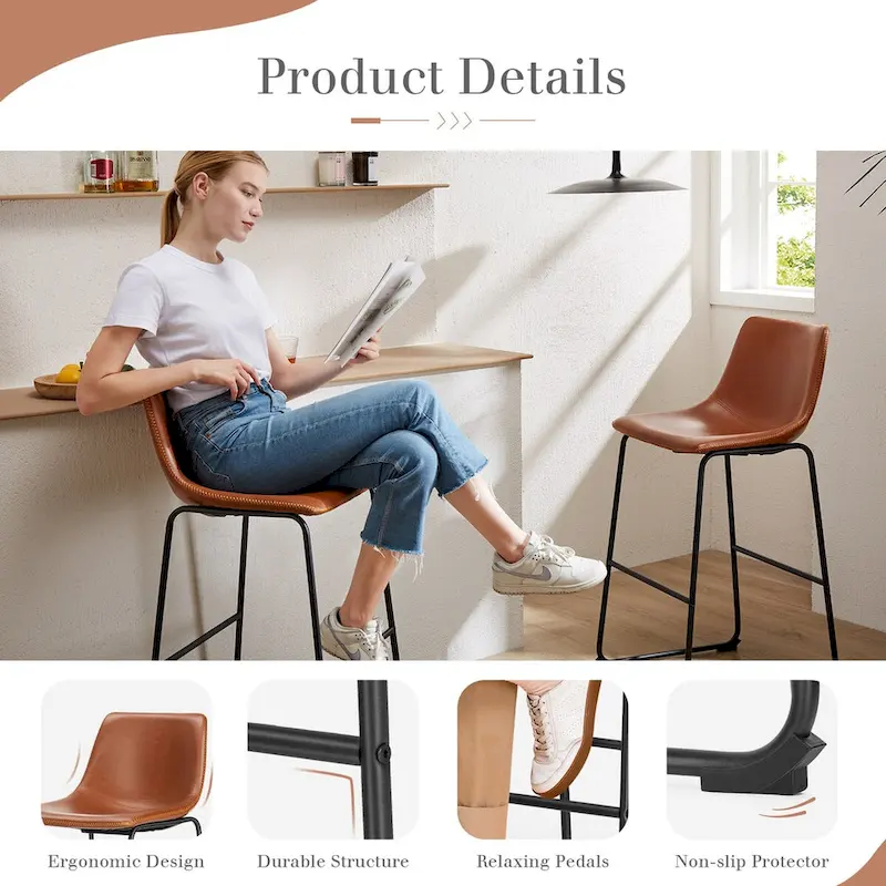 Counter Height Bar Stools Set of 2 with Faux Leather Seat