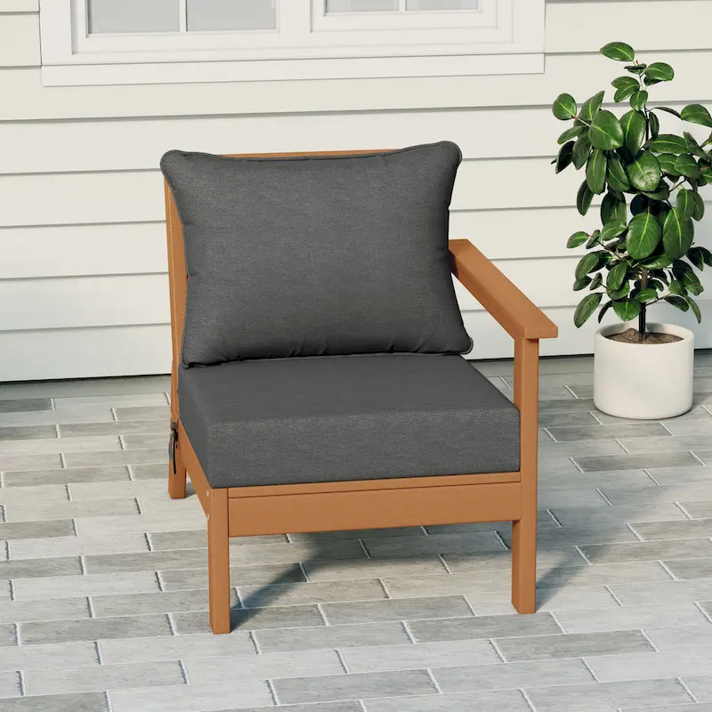 Polytrends Birchwood All Weather HDPE Outdoor Patio Deep Seating Teak Right Arm Facing Chair With Cushions (1-Piece)