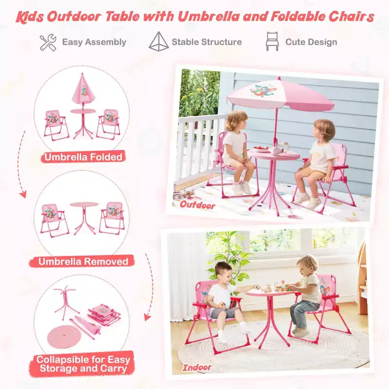 Costway Kids Picnic Table & Chair Set with 2 Folding Chairs & Height Adjustable Umbrella Brown/Green/Pink