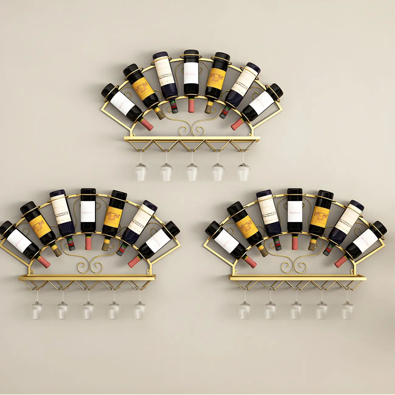 Fan-shaped Simple Metal Wall-Mounted Wine Bottle & Glass Rack