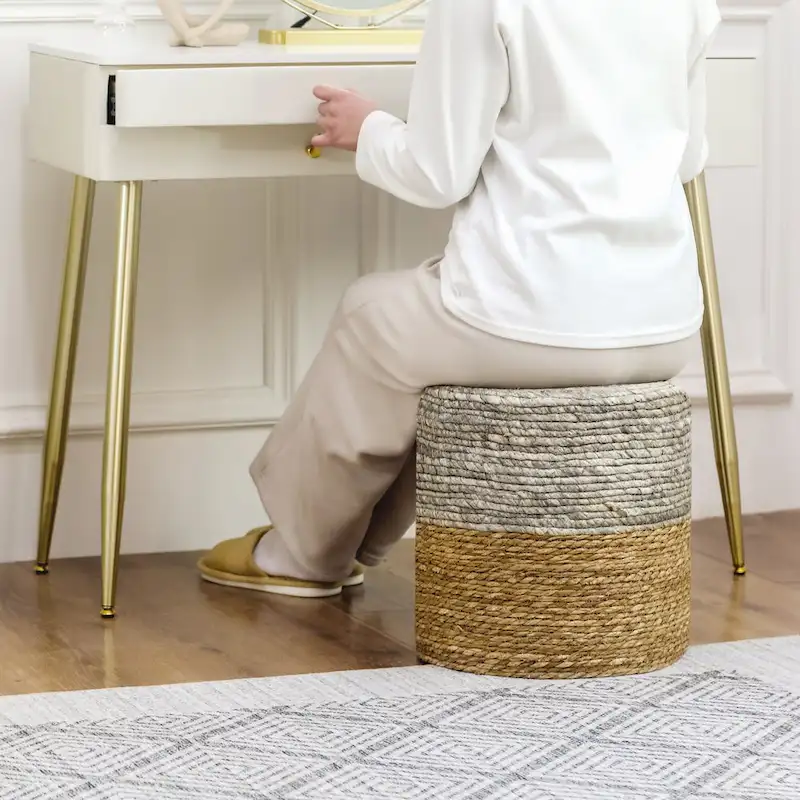 Adeco Round Ottoman Natural Cattail Hand Weave Foot Stool