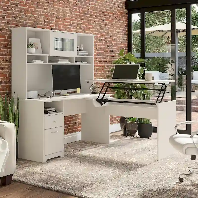 60W 3-position L-shaped Sit to Stand Desk with Hutch by