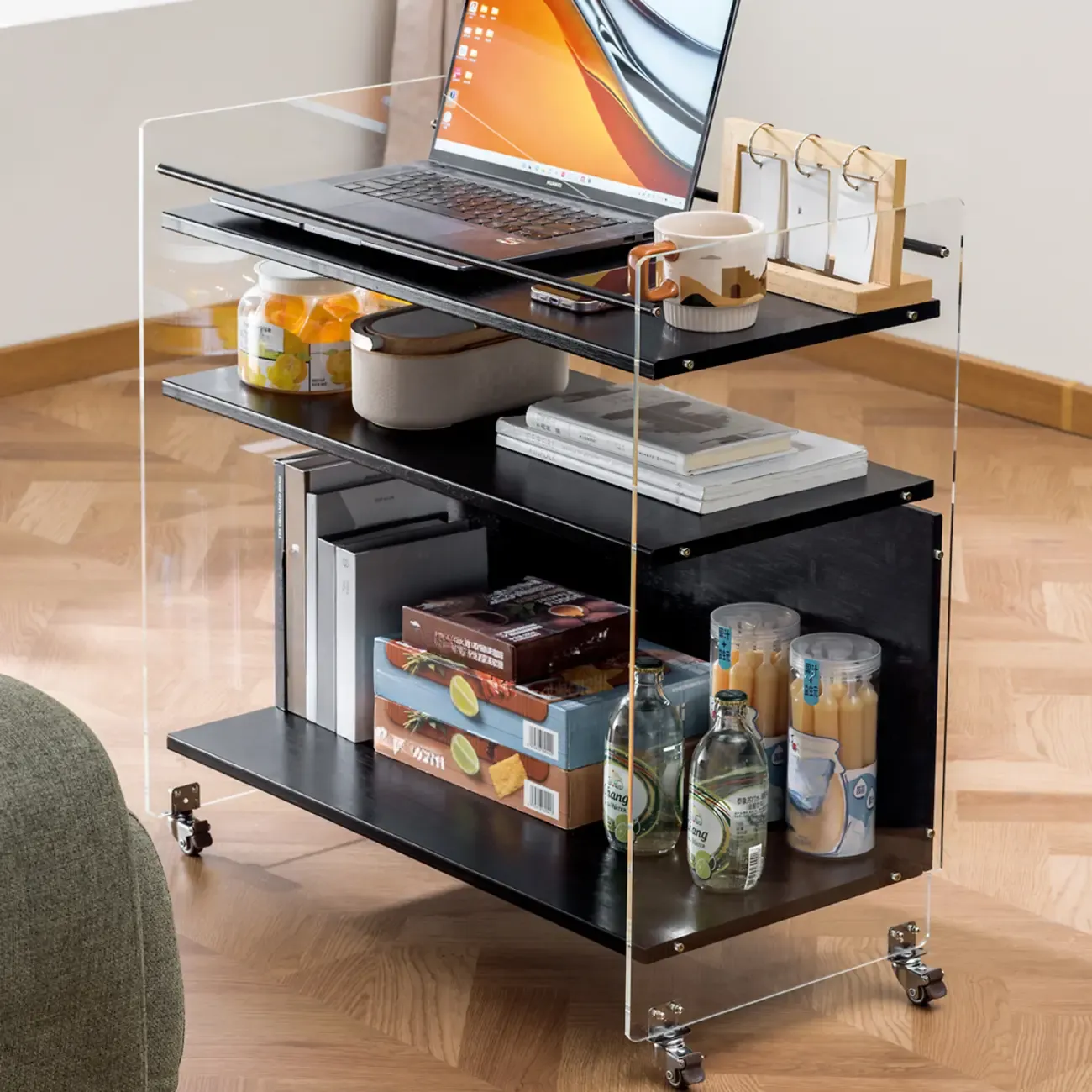 Trendy Moso Bamboo Acrylic 3-Shelf Side Table with Wheels