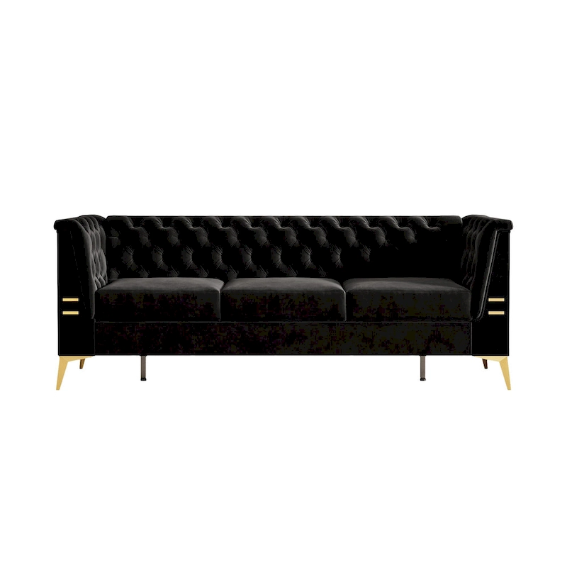 82 Velvet 3 Seater Chesterfield Sofa Couch with Gold Metal Legs, High Rebound Sponge and Removable Cushions