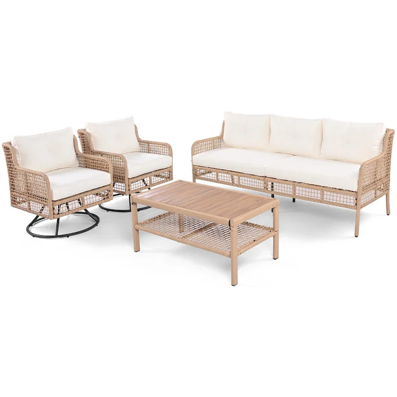 4-Piece Rattan Conversation Sofa Set with Swivel Chairs & Table