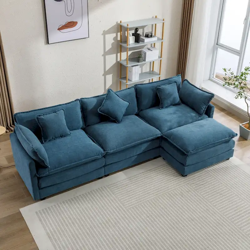 Blue 112.2 Modern L-Shaped 4-Seat Sectional Sofa with Removable Ottoman, 5 Plush Pillows, and Sturdy Construction
