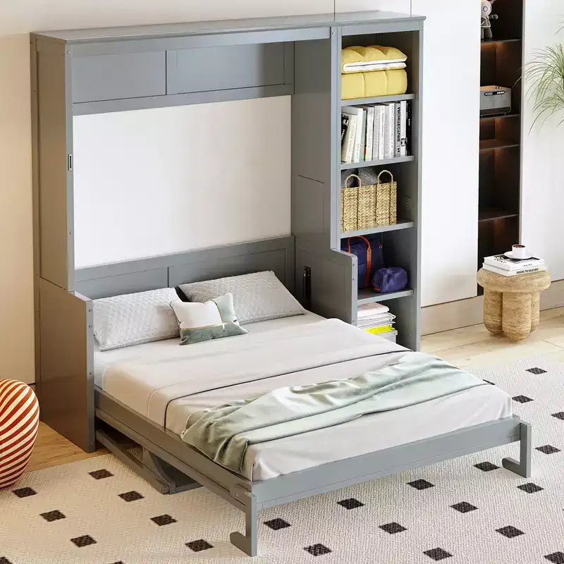 GDFStudio Ruby Space-Saving Solid Pine Wood Murphy Bed with Desk and Bookshelf