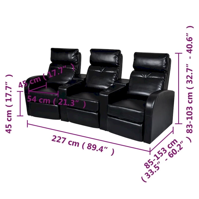 vidaXL 3-Seater Home Theater Recliner Sofa Black Faux Leather - 89.4 x 33.5 x 40.6