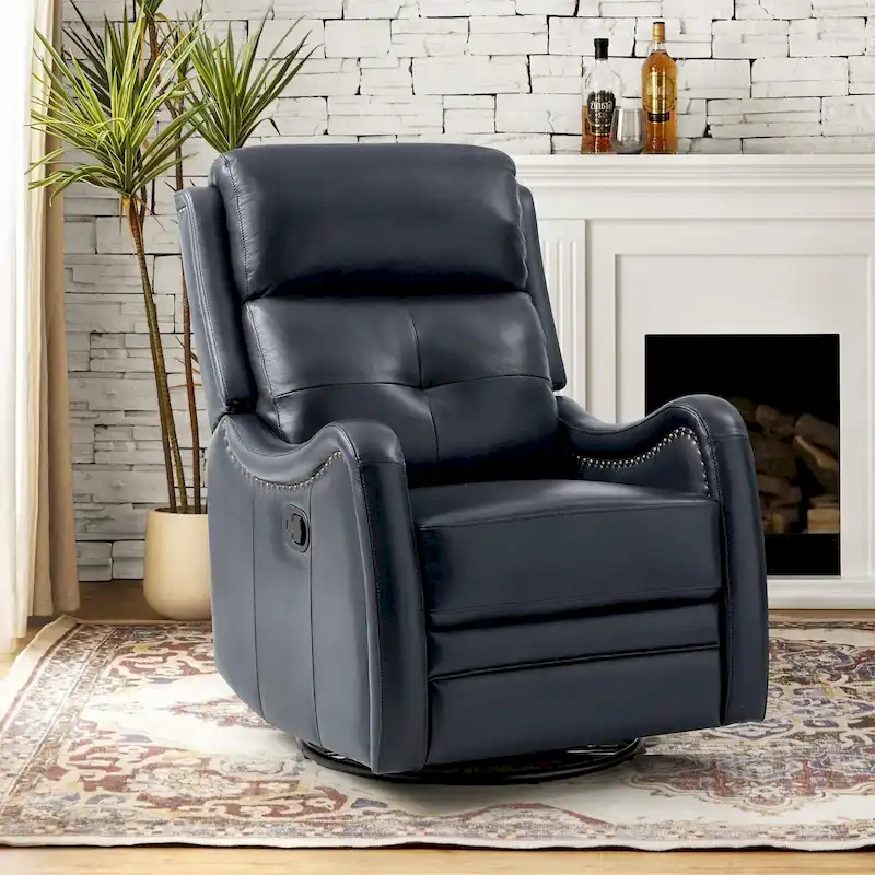 Genuine Leather Swivel Rocker Recliner with Nailhead Trims by