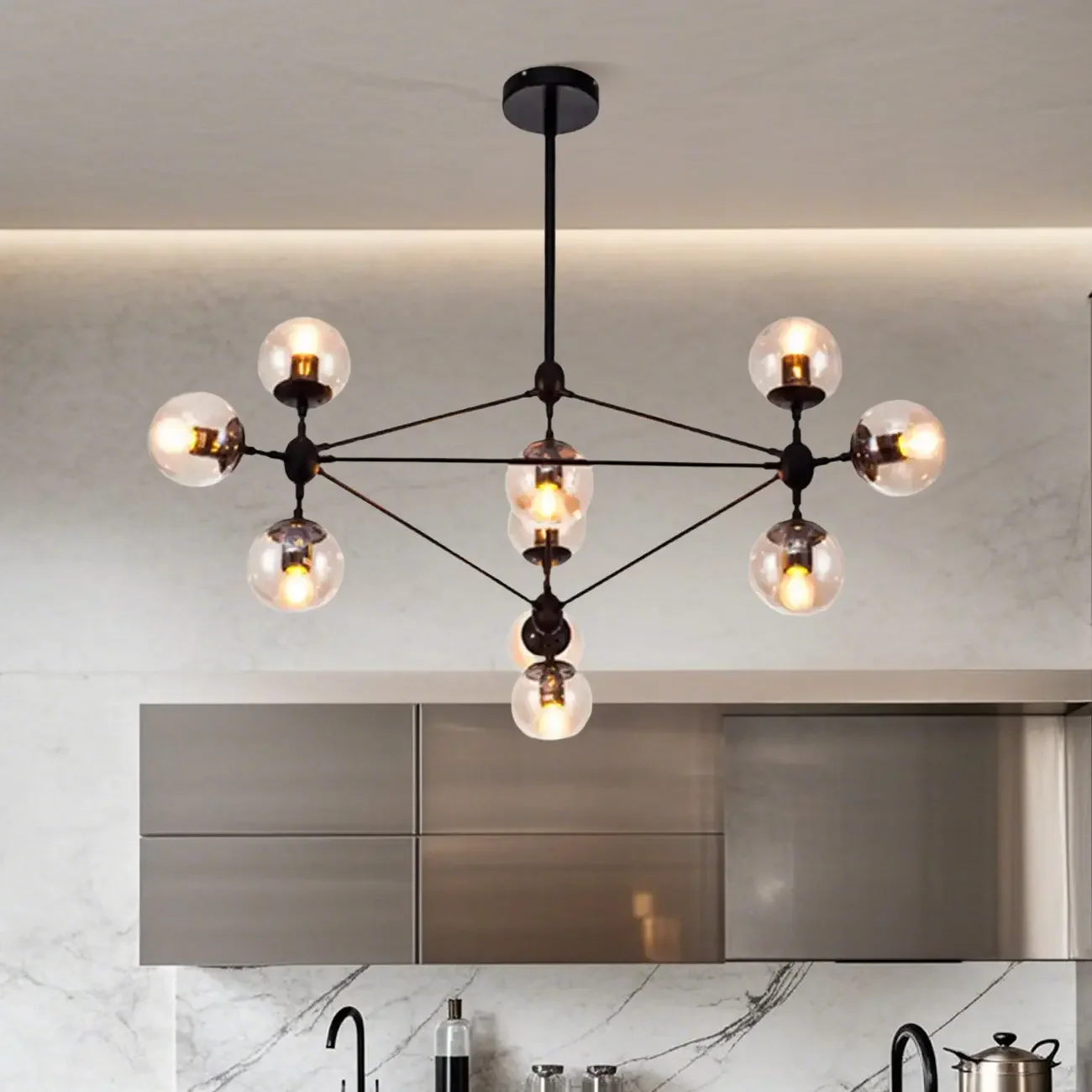 Industrial Black Globe Chandelier with Cognac Glass Shades