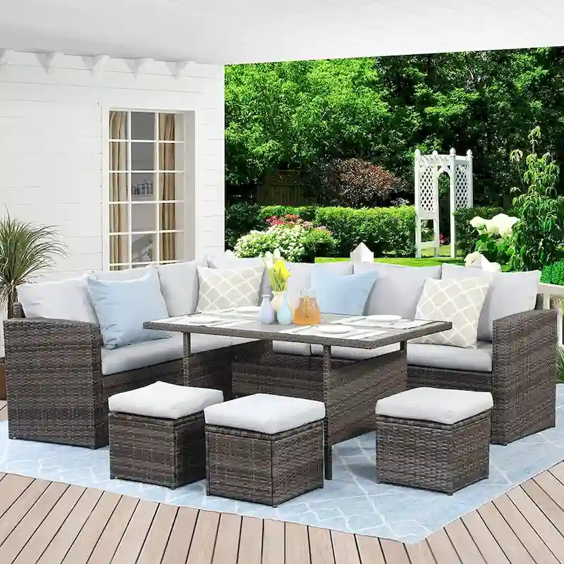 7 Pcs Patio Furniture Set, Outdoor Sectional Sofa Set, All Weather Rattan Conversation Set with High Dining Table and Ottoman