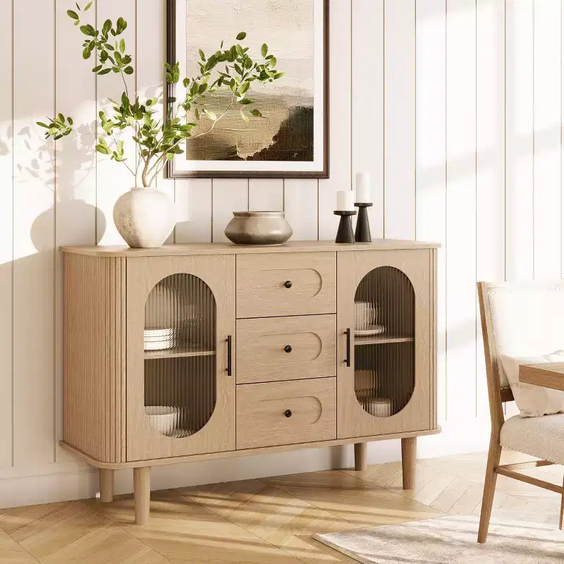 GarveeHome 47 Sideboard Buffet Cabinet with 2 Fluted Glass Doors & 3 Drawers, Modern Farmhouse Accent Coffee Bar with Adjustable Shelves