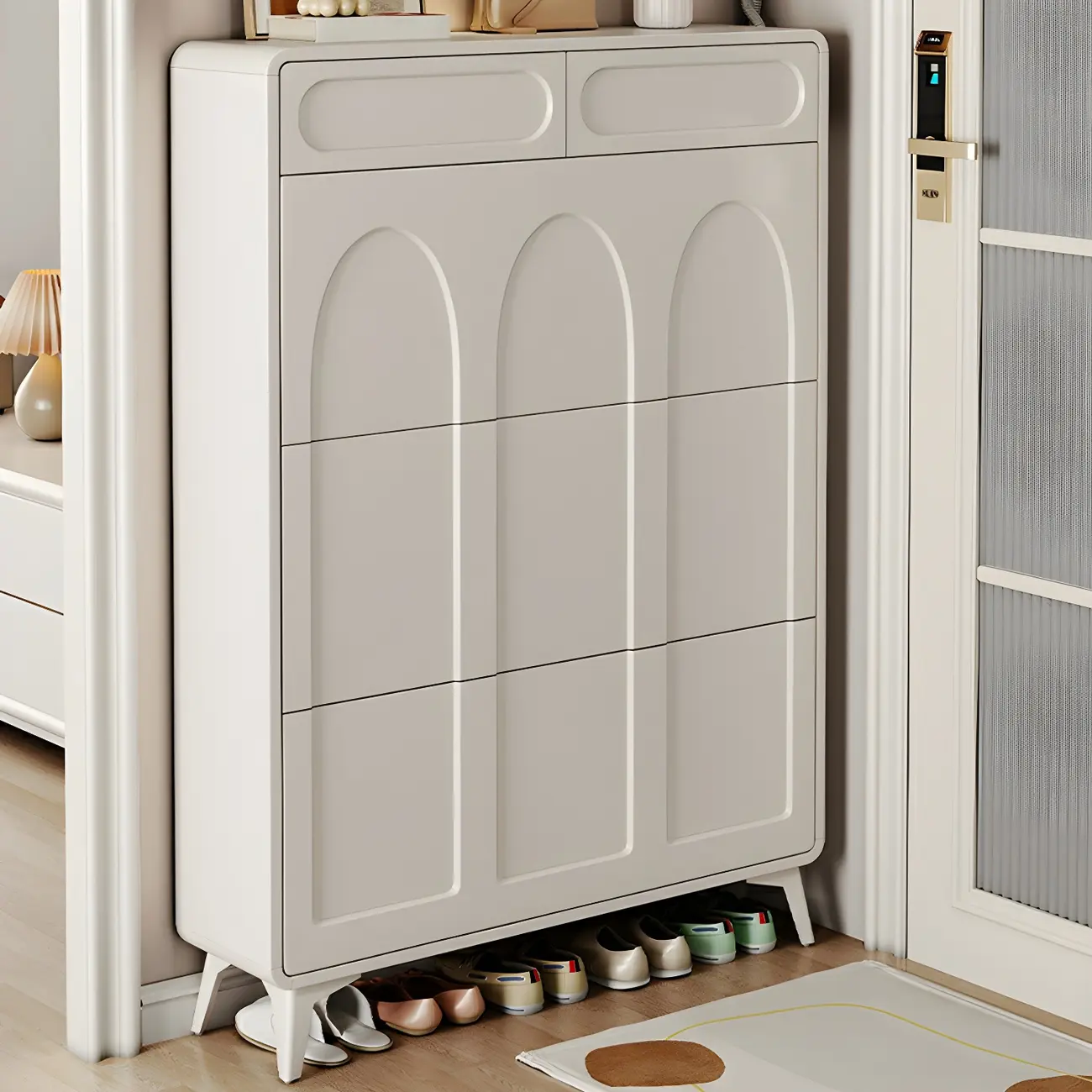 Vertical Slim White Wooden Drop Front Shoe Cabinet