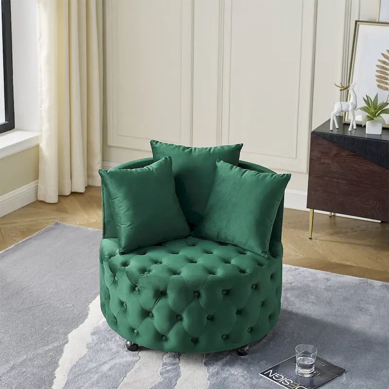 Living Room Velvet Swivel Chair with Button Tufted Design, 3 Pillows & Movable Wheels