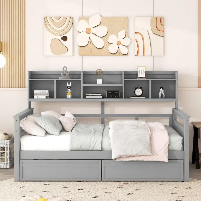 Full Size Daybed with Storage Drawers and Bedside Shelf