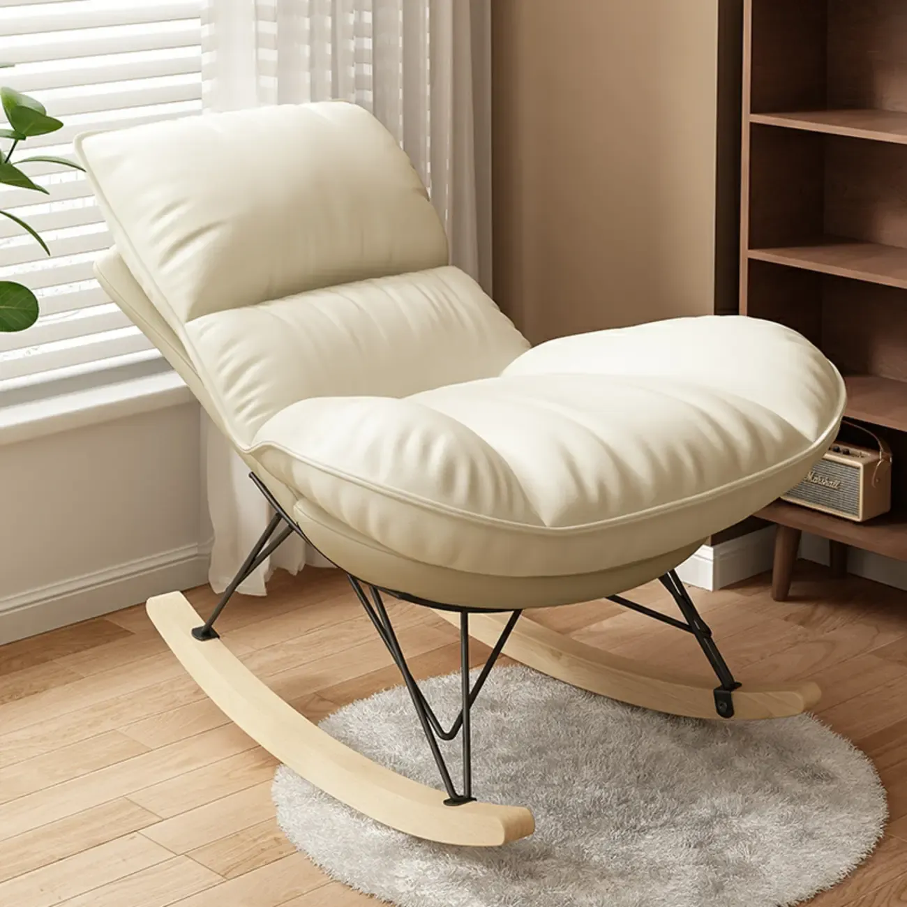 Natural Wood Upholstered Rocking Chair with Ottoman in White