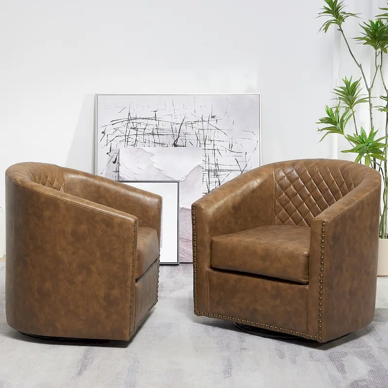 KINWELL 29 Wide Tufted PU Leather Swivel Barrel Chair (Set of 2)