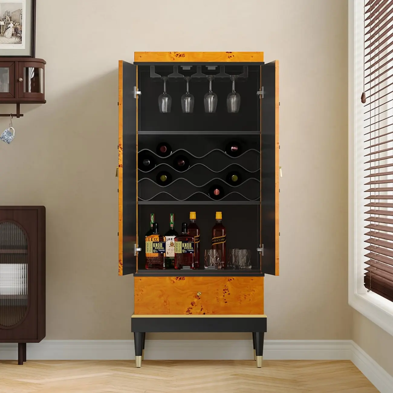 Rustic Burl wooden Drawer Wine Cabinet with Glass Rack