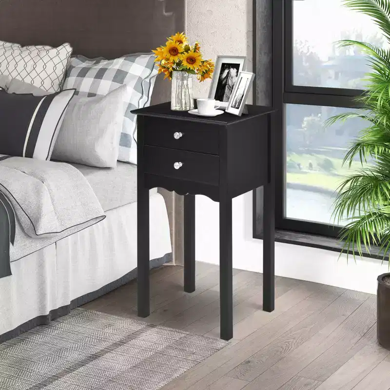 Costway Side Table End Accent Table Night Stand W/ 2 Drawers Furniture Black