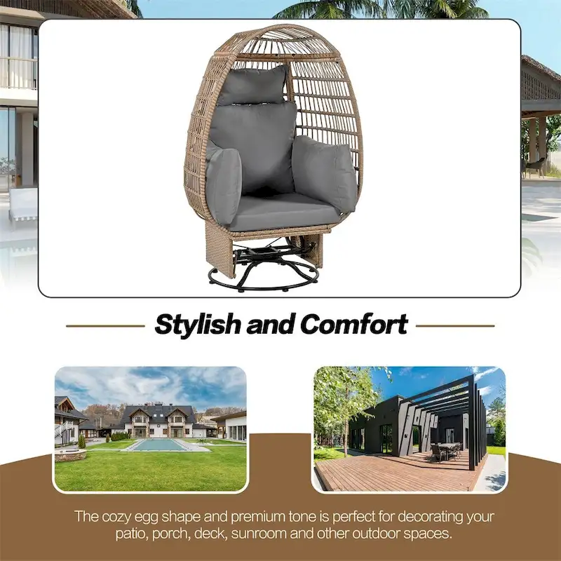 Rattan Egg Patio Swivel Chair with Cushions and Rocking Function