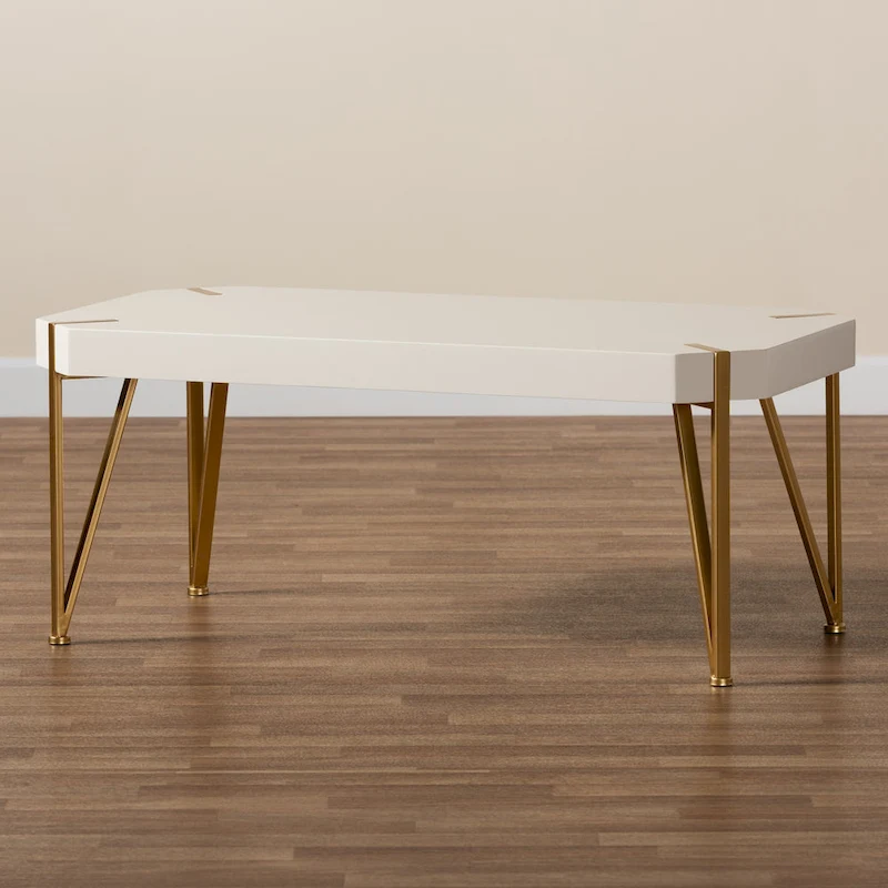 Kassa Glam Brushed Gold Metal and White Finished Wood Coffee Table