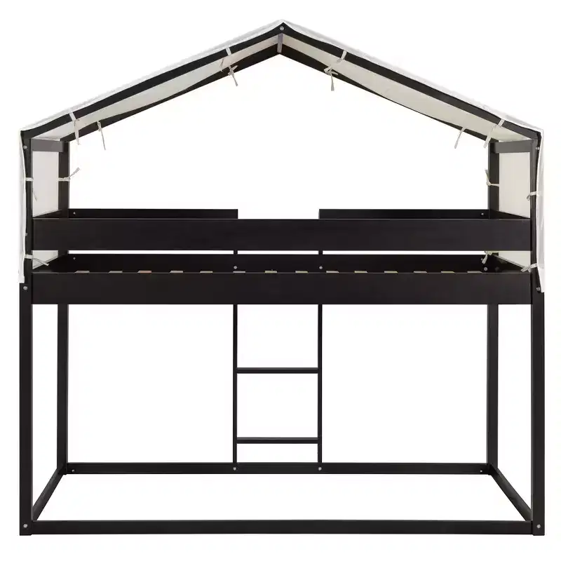 CLIHOME Rustic Twin Over Twin Wood Bunk Bed Frame with Tent and Ladder