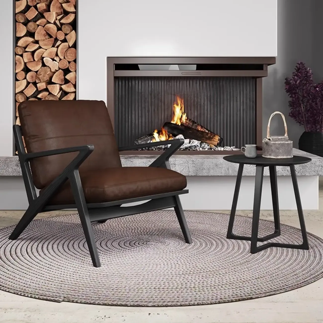 Brown Genuine Leather High Back Armrest Accent Chair