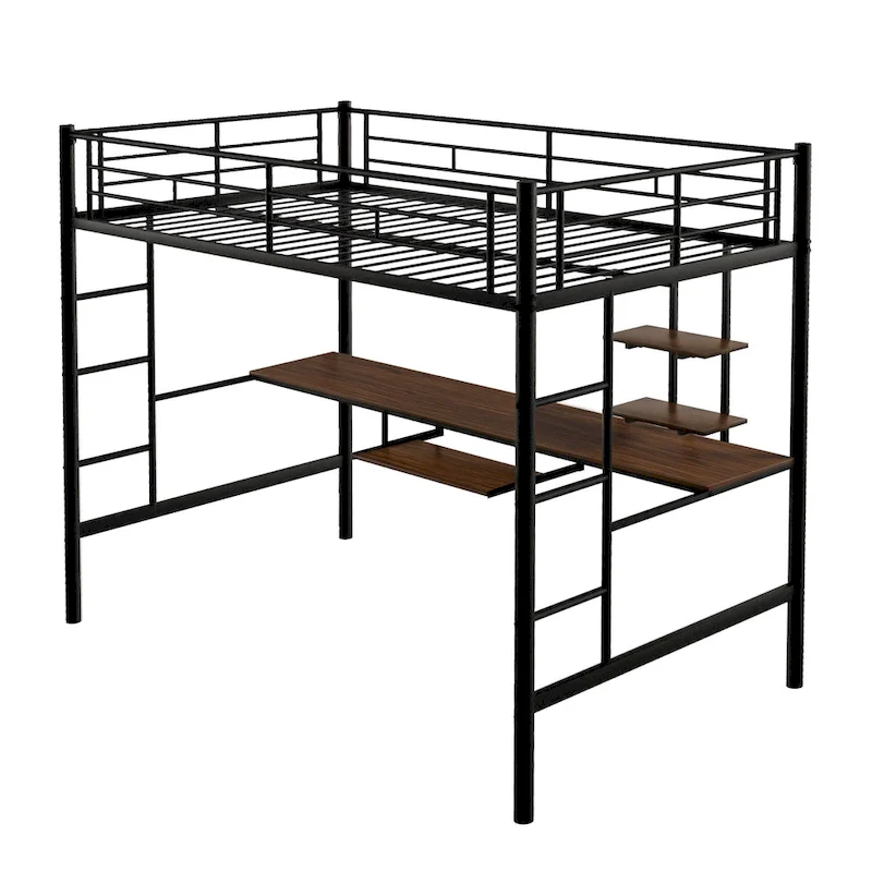 Black Full Size Metal Loft Bed with Desk and Shelf , Space Saving Design for Kids, Bedroom