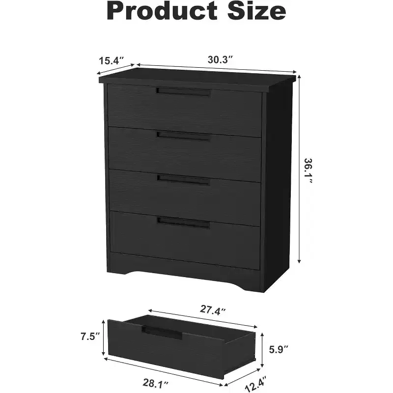 Modern 4 Drawer Dresser with Embedded Handles, Smooth Gliding Drawers & Anti-Tip Design, Wooden Storage Chest for Nursery, Bedroom, Living Room